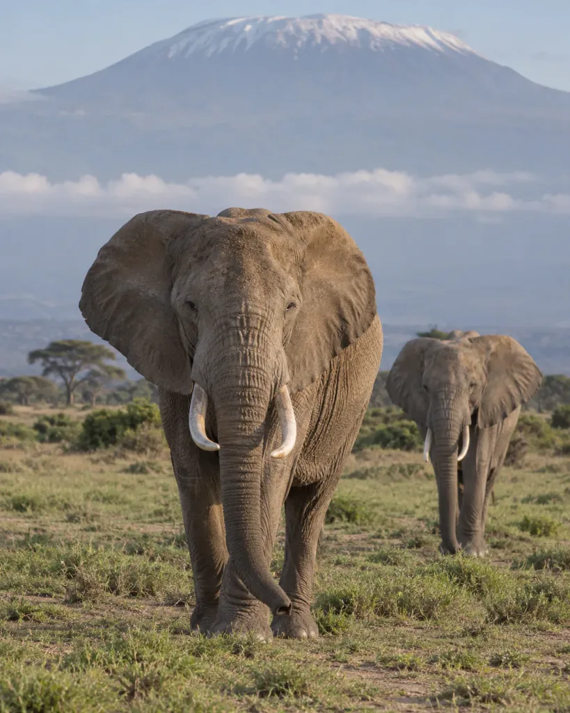 Elephants in Amboseli with Kilimanjaro behind them, Kenya