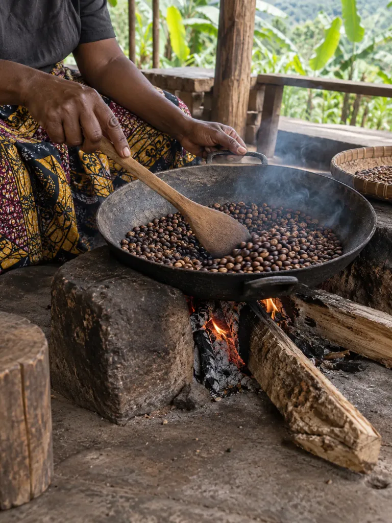 Coffee beans roasted by hand over a wood fire on a Chagga farm near Kilimanjaro