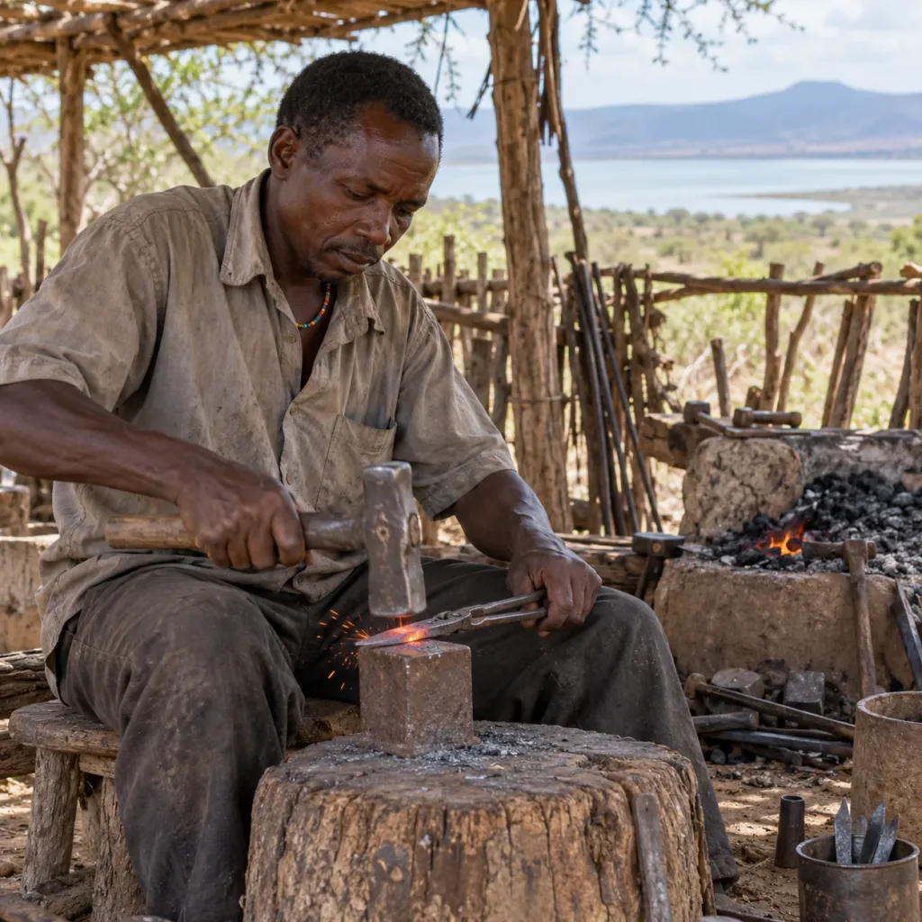 A Datoga blacksmith forging metal at his open-air forge near Lake Eyasi