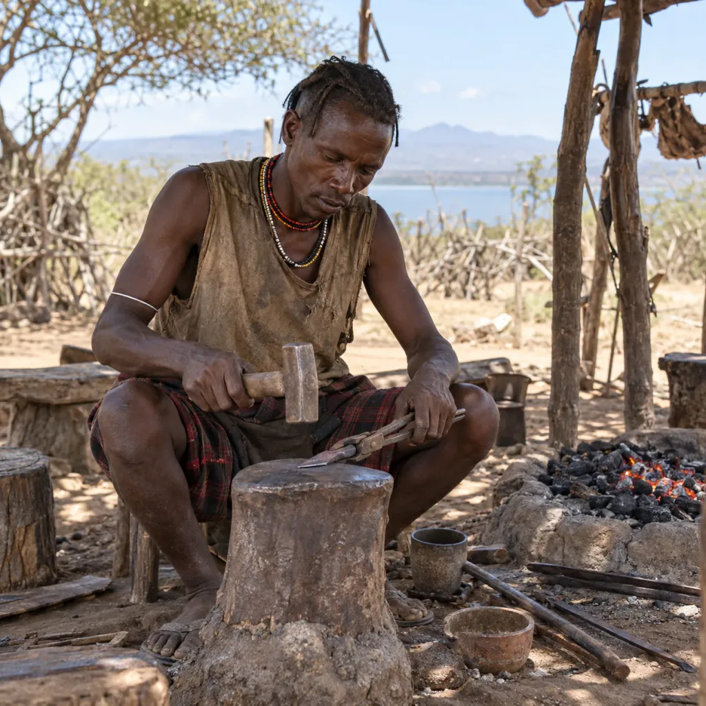 A Datoga blacksmith at work on the Tribes of the Rift Valley journey
