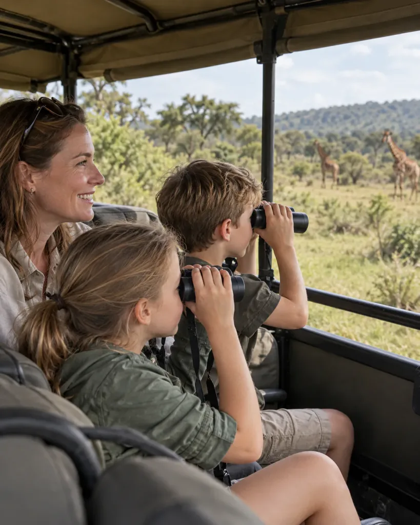 Children with binoculars watching giraffes from a safari vehicle on a family safari