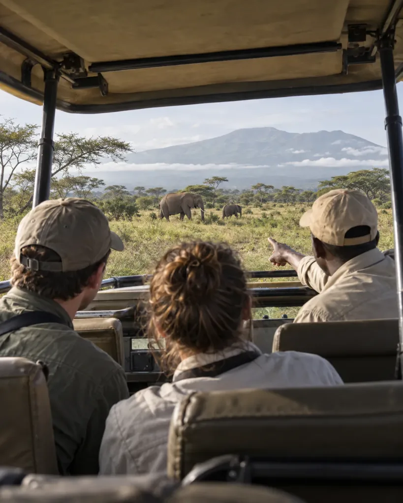 Guests on their first game drive watching elephants as their guide points the way
