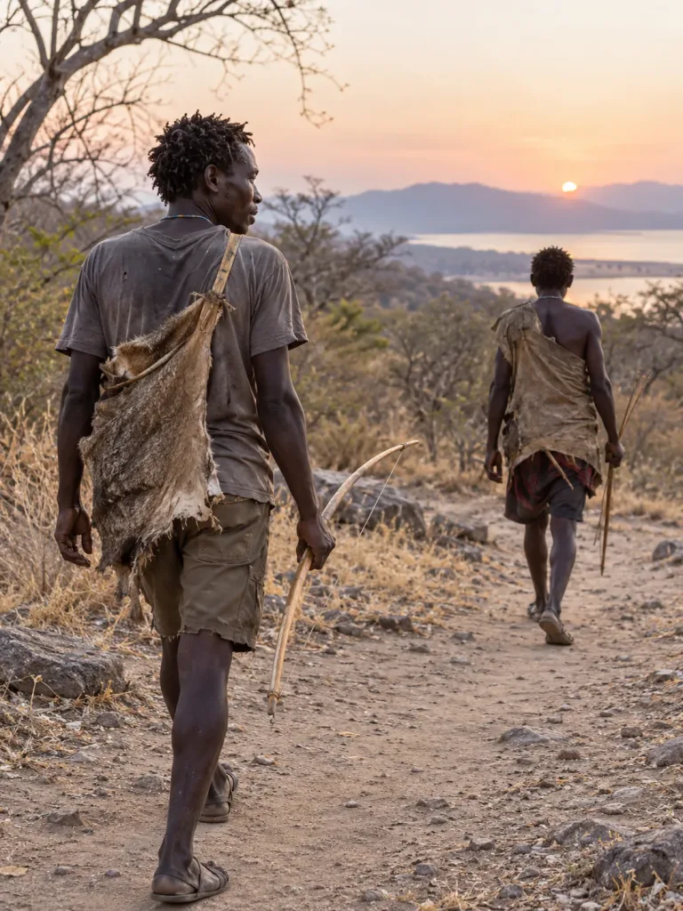 Hadzabe hunters walking out at dawn above Lake Eyasi, Tanzania