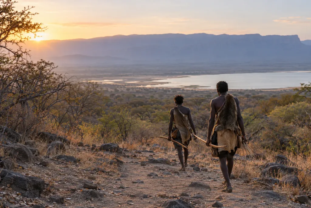 Hadzabe hunters walking at sunrise above Lake Eyasi in the Rift Valley
