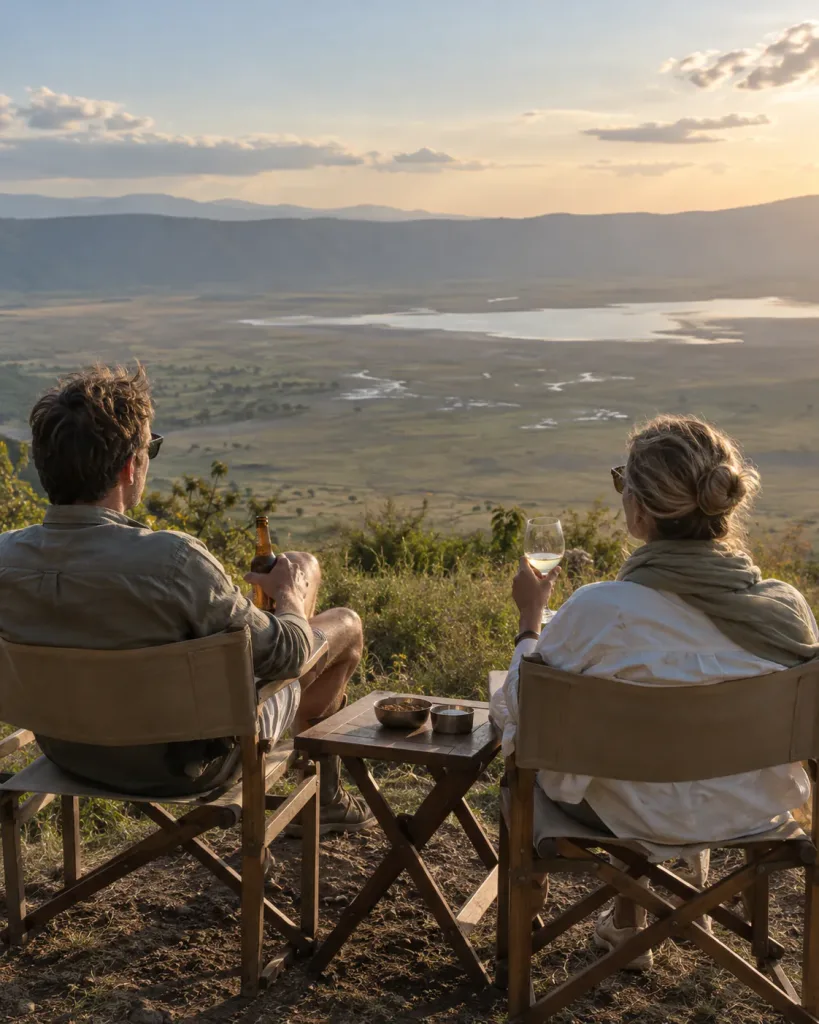 A couple enjoying a sundowner above the Ngorongoro Crater on their honeymoon safari