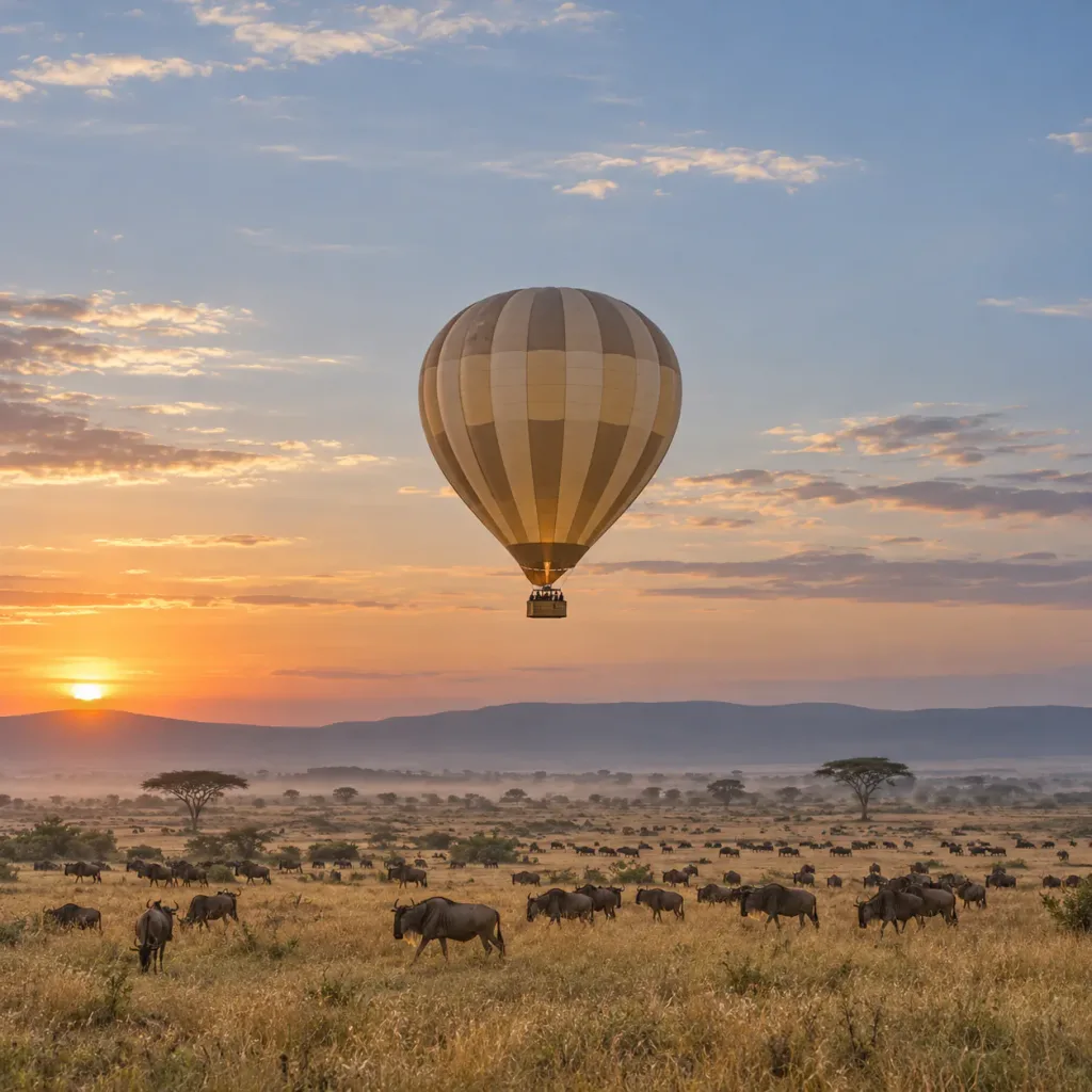 A hot air balloon over the migration herds at sunrise in the Serengeti