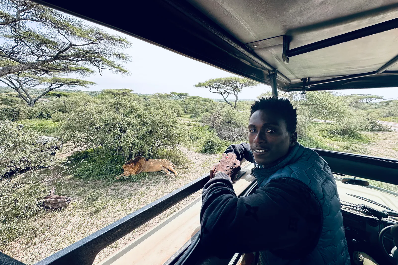 Joseph Mbise, founder of Culture Dreamer Safaris, on a game drive with a lion resting nearby