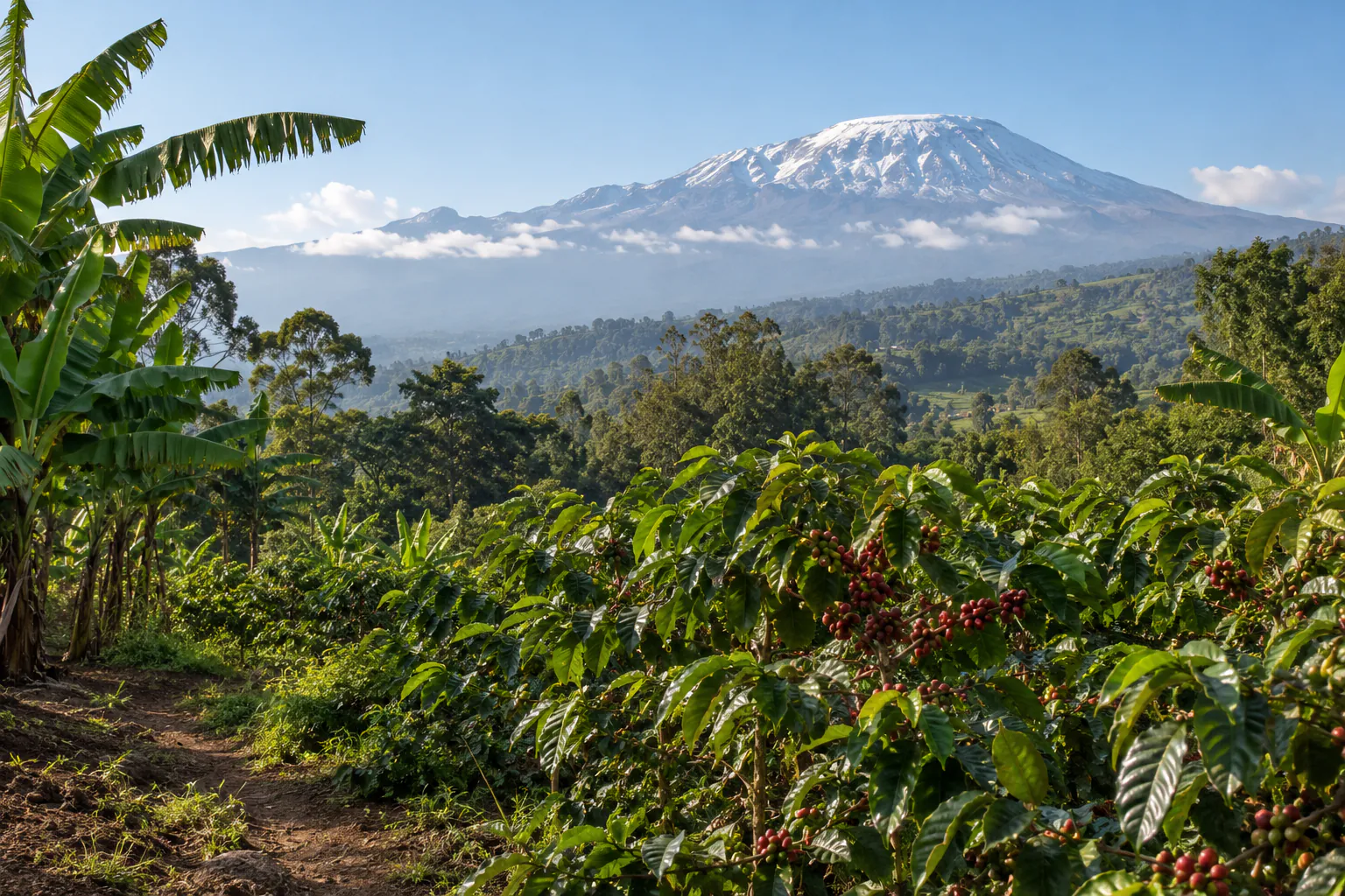 Kilimanjaro above the coffee and banana farms of Materuni