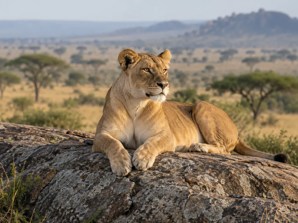 A lioness resting on a granite kopje in Serengeti National Park