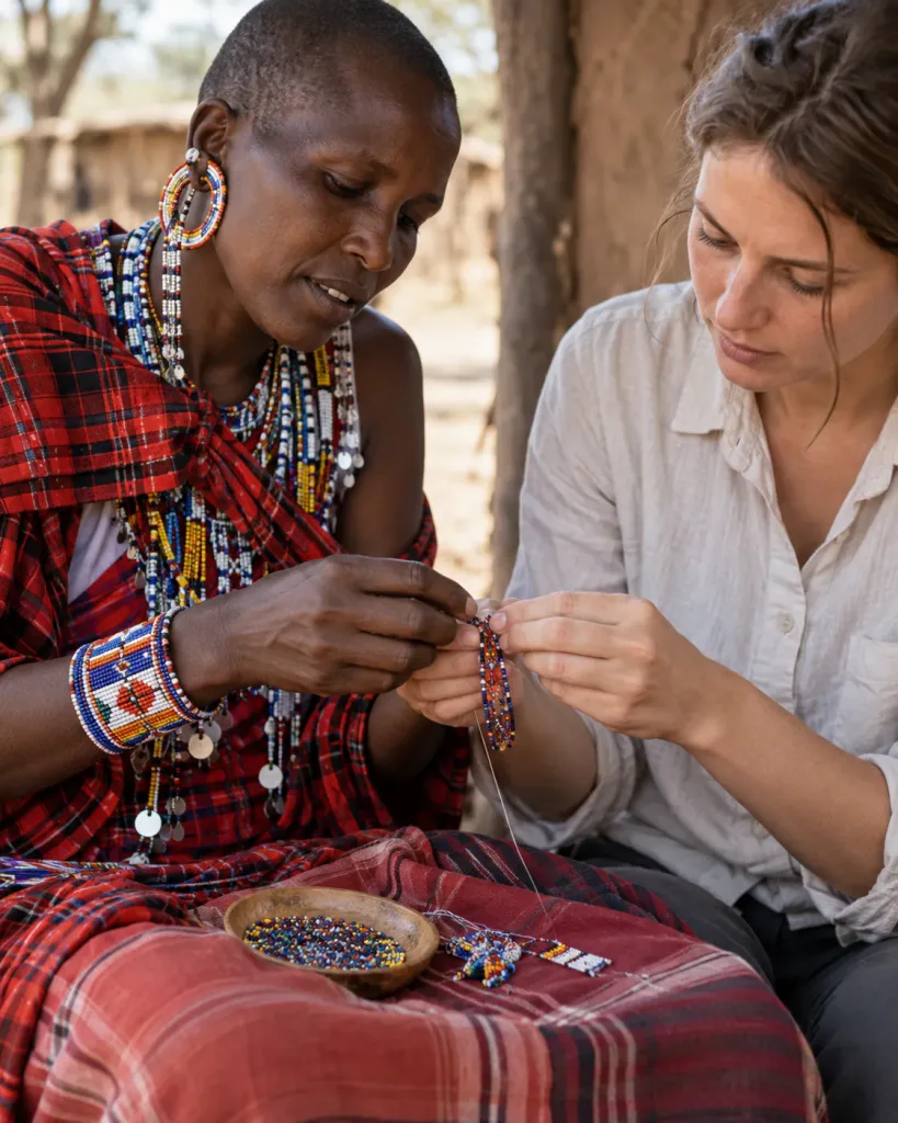 A Maasai woman teaching a guest traditional beadwork