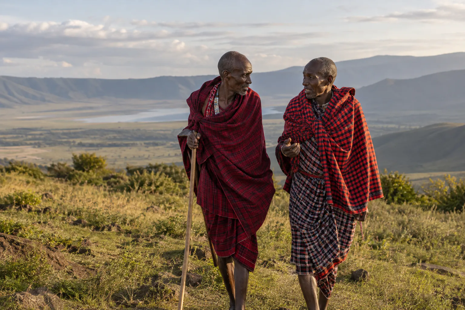 Two Maasai elders in red shukas walking on the Ngorongoro highlands at golden hour