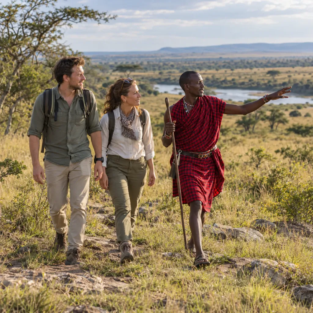 A Maasai warrior guiding guests on a walking safari in the Maasai Mara