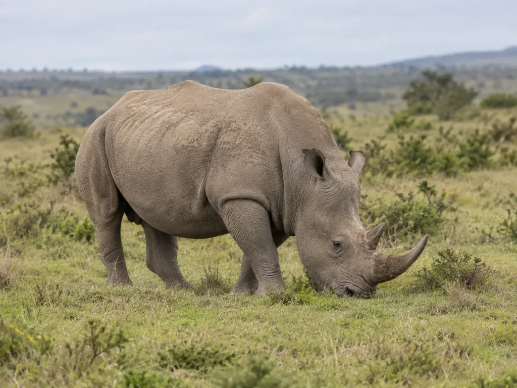 A rhino grazing on the plains of Laikipia, Kenya
