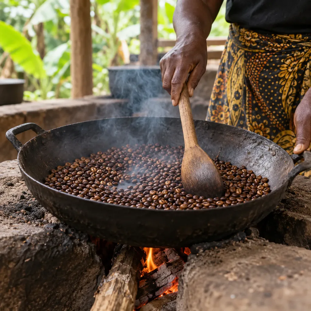 Roasting coffee by hand with Chagga farmers in Materuni