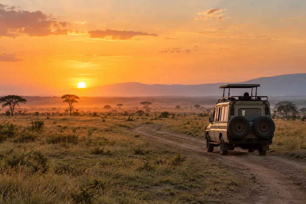 A safari vehicle on a Serengeti track at sunset