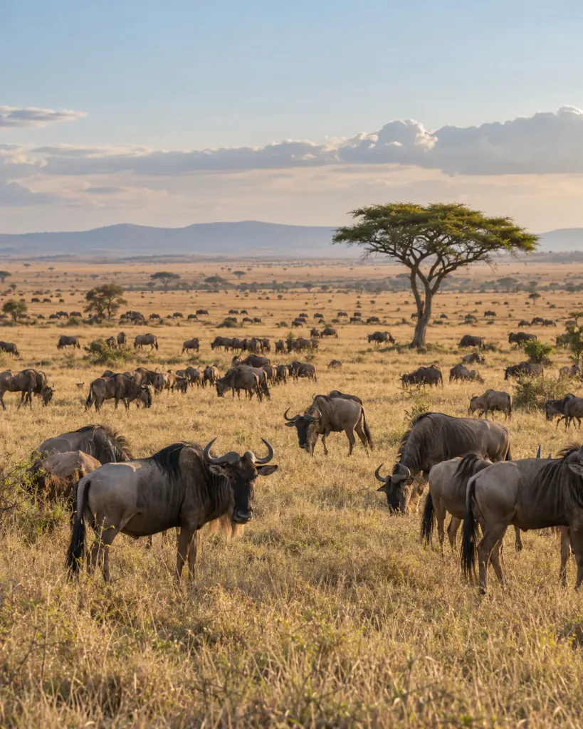 Wildebeest grazing on the golden Serengeti plains in the dry season