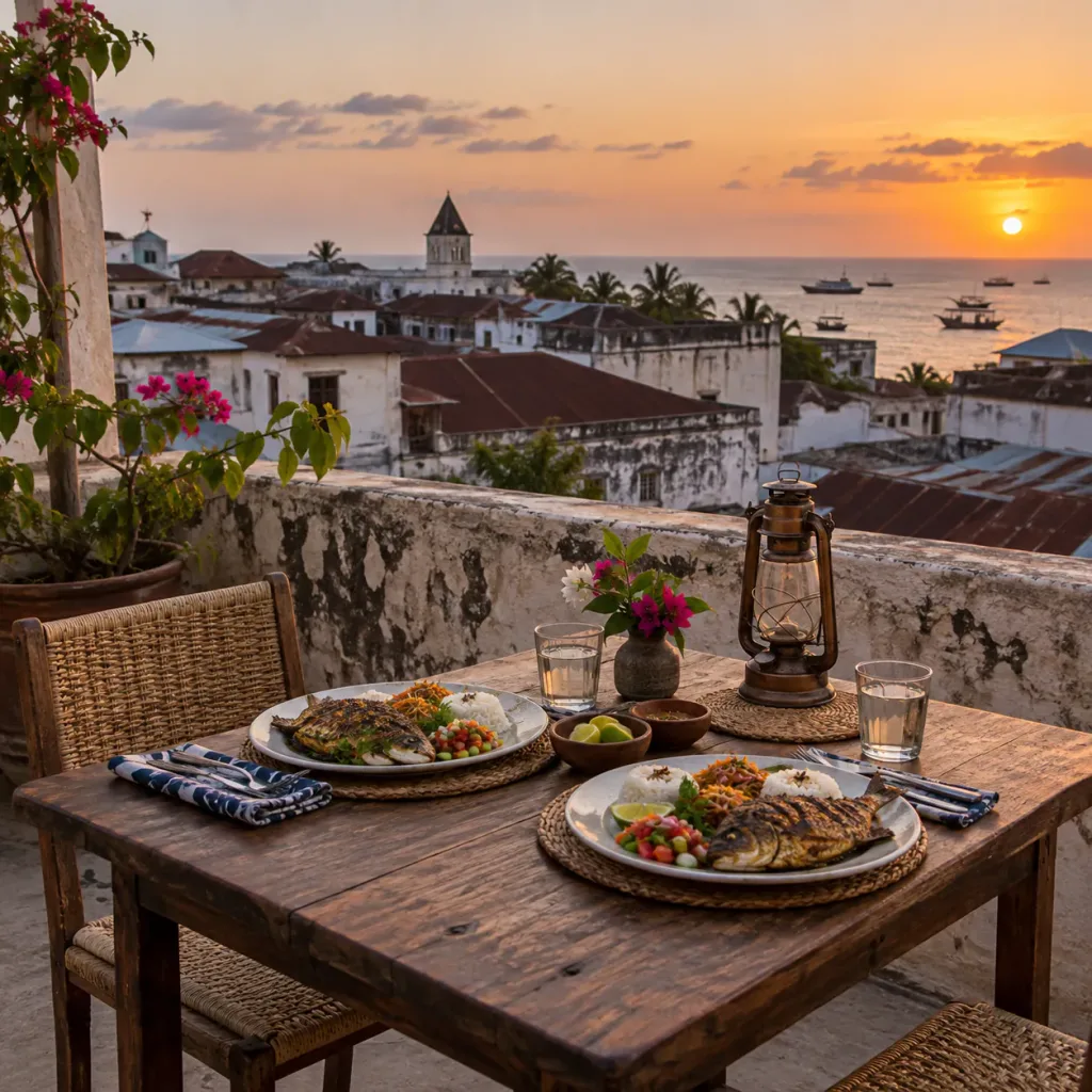 A rooftop dinner in Stone Town at sunset, Zanzibar