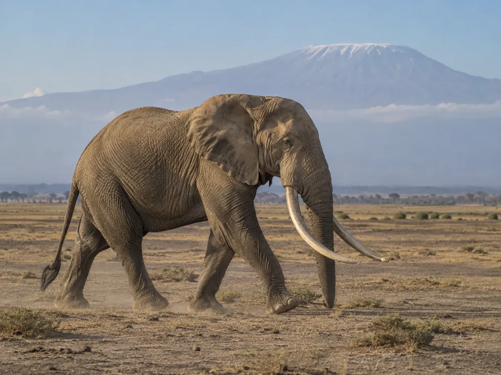 A big tusker elephant crossing the Amboseli plain below Kilimanjaro
