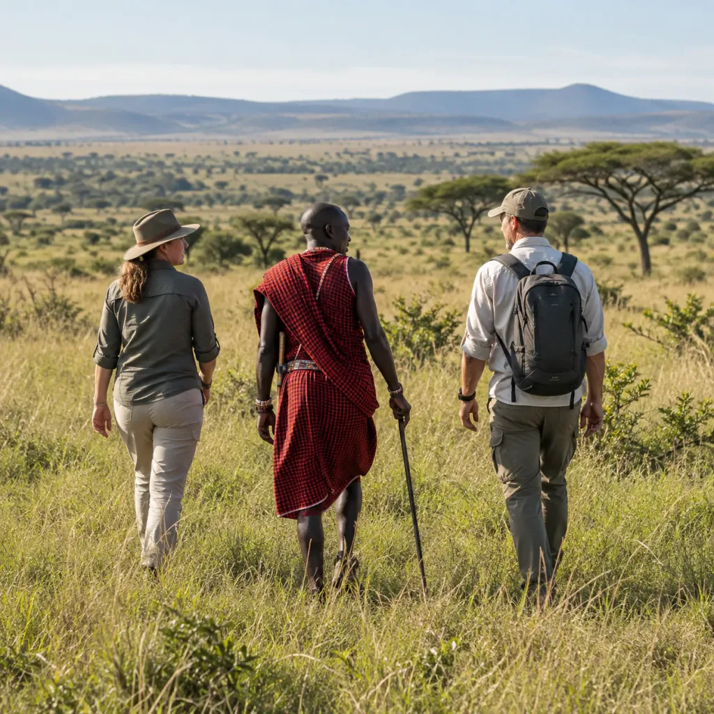 Guests on a walking safari with a Maasai guide in a Mara conservancy