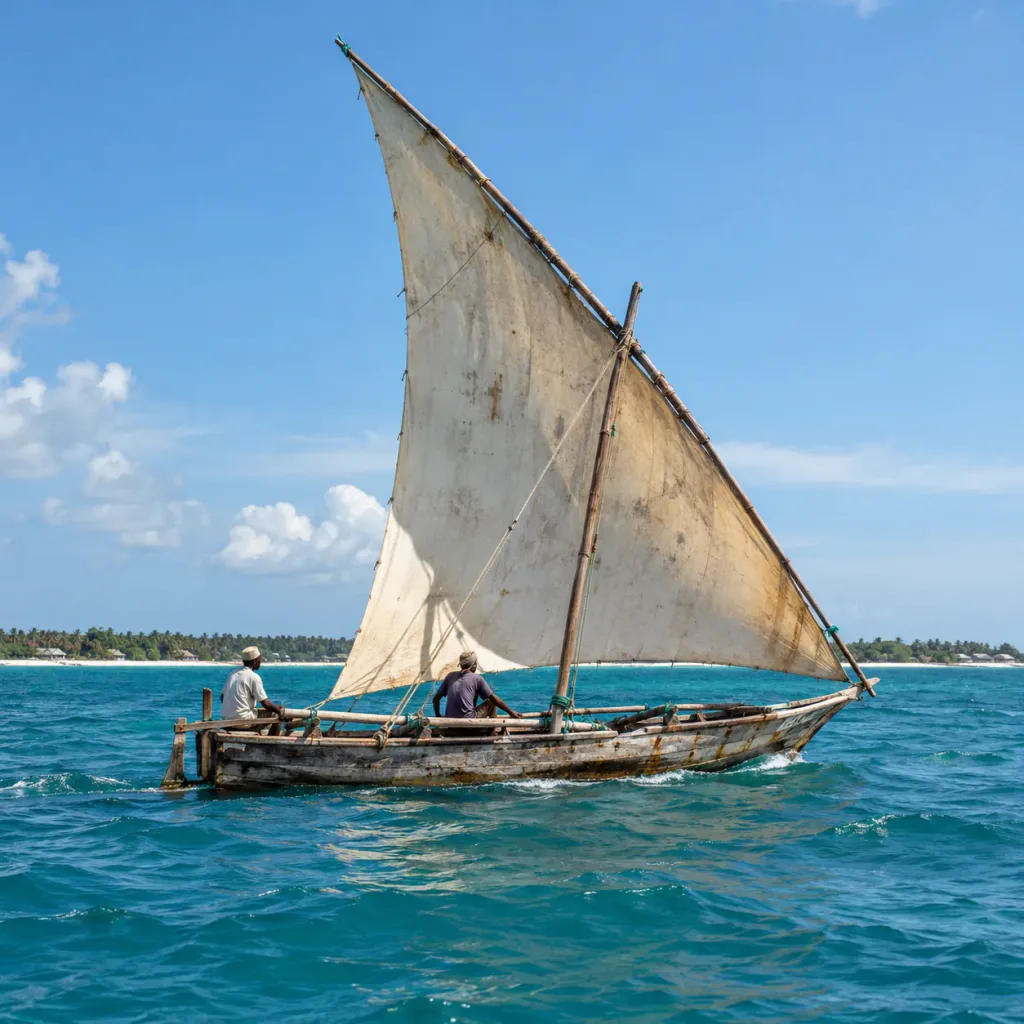A dhow under sail on turquoise water off Zanzibar