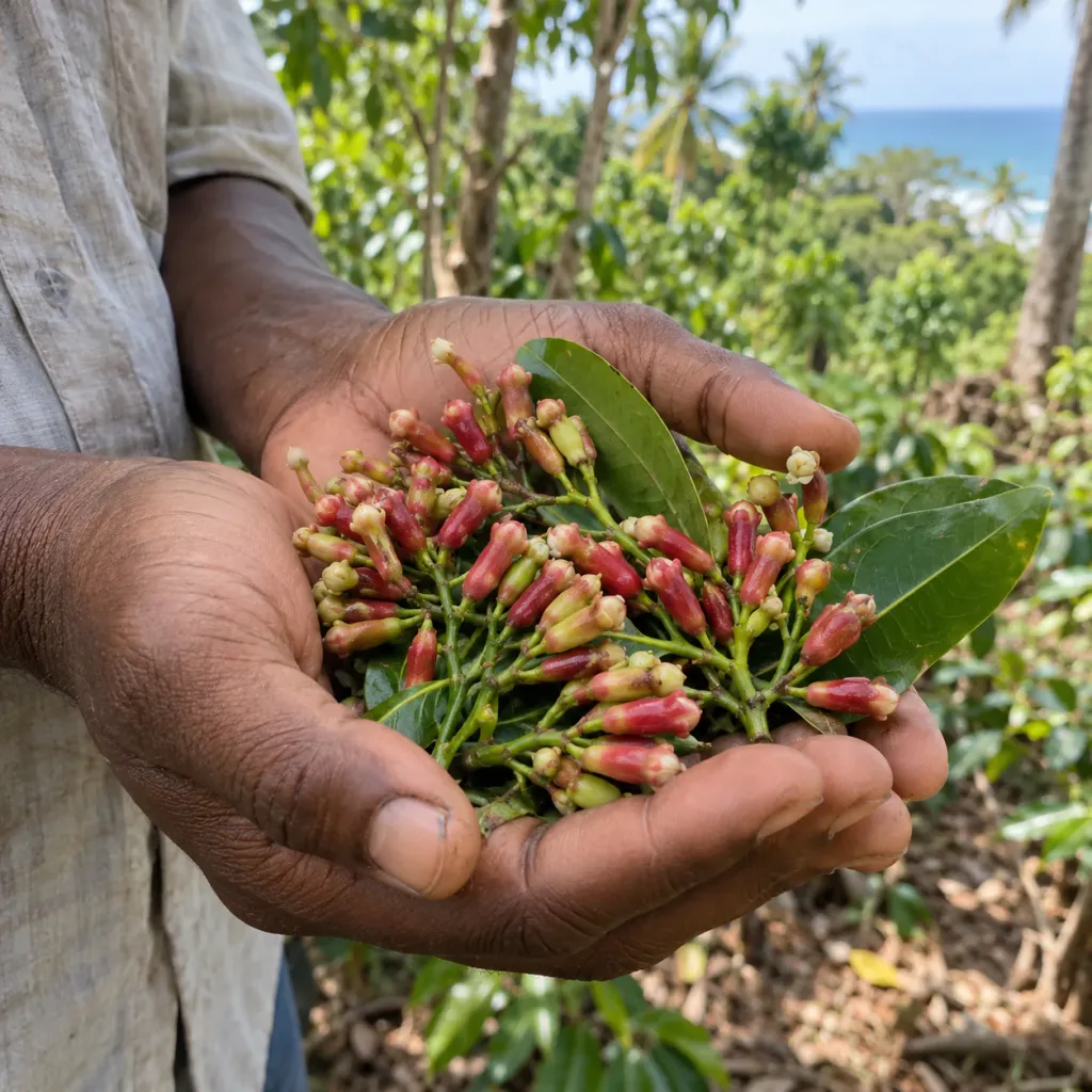 Hands holding freshly picked cloves on a Zanzibar spice farm